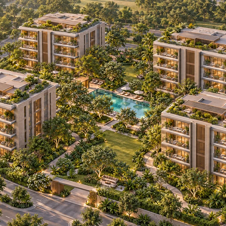 Shriram Bannerghatta aerial view of four low-rise villament blocks around a landscaped central spine, artist's impression Shriram Bannerghatta aerial view of four low-rise villament blocks around a landscaped central spine, artist's impression
